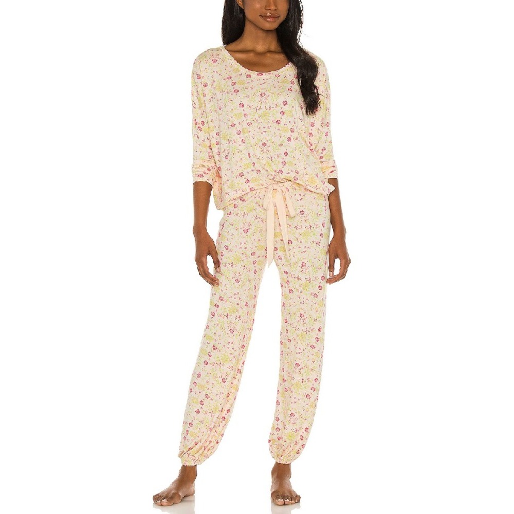 Eberjey Gisele Floral Modal Pajama Set Pink Yellow Top Jogger Loungewear XS